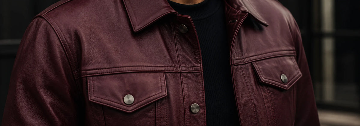 Veste en cuir véritable bordeaux sur fond sombre