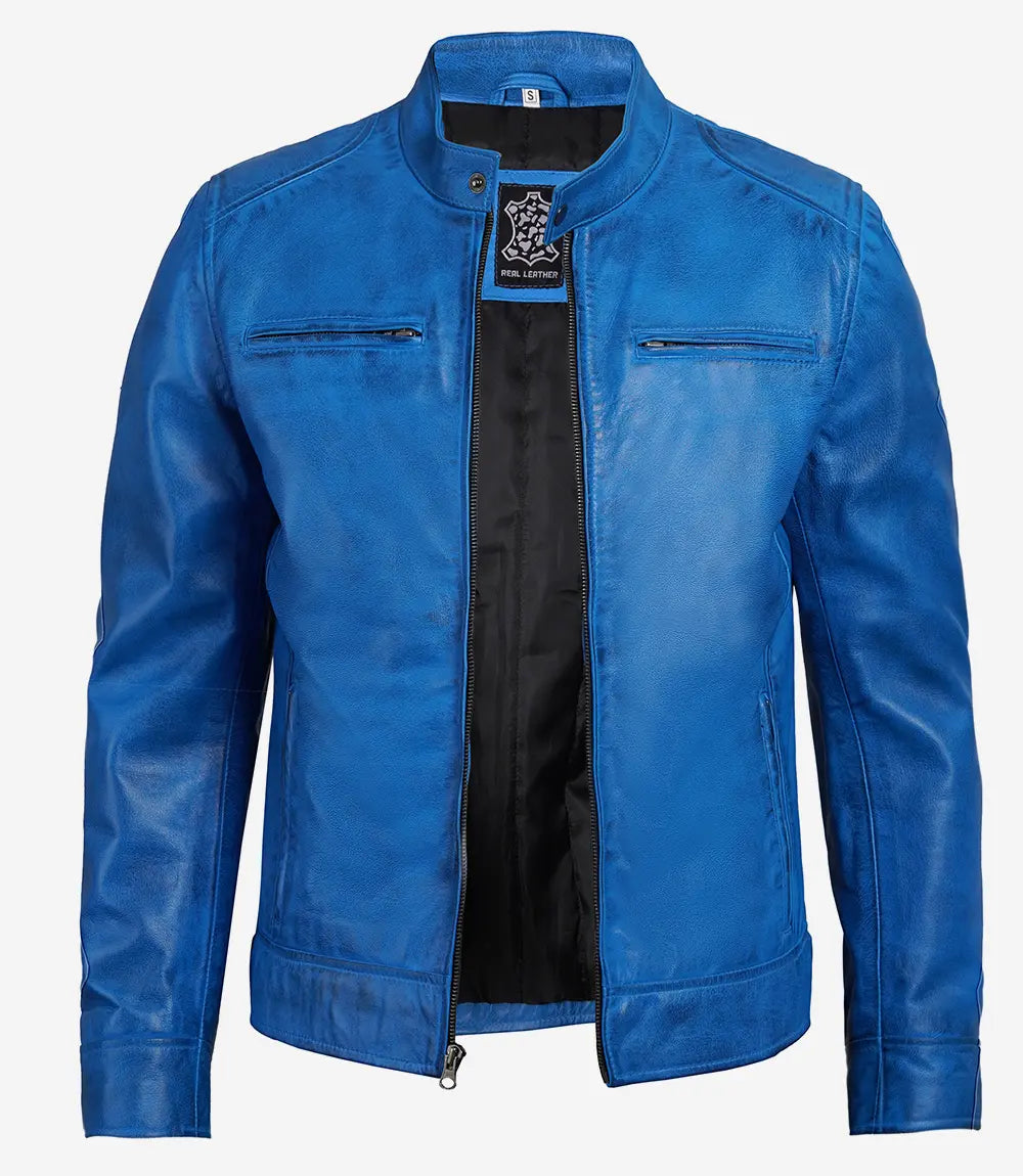 mens blue cafe racer leather jacket men