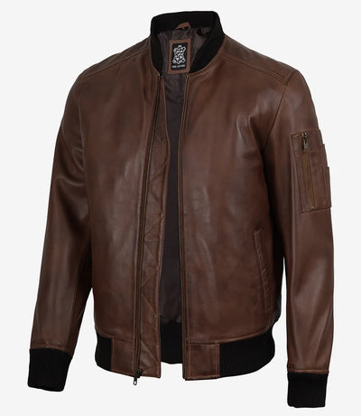 Cognac Agneau Bomber en Cuir avec Ciré Finition pour Homme