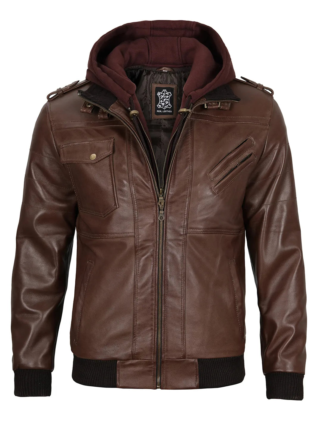 mens leather jacket brown hooded