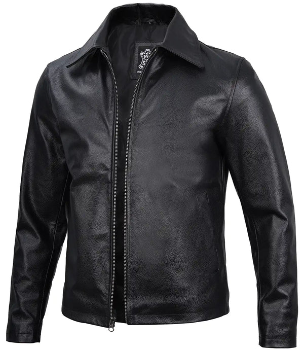 HarringtonVeste en cuir de vachette noire à col chemise homme de coloris noir