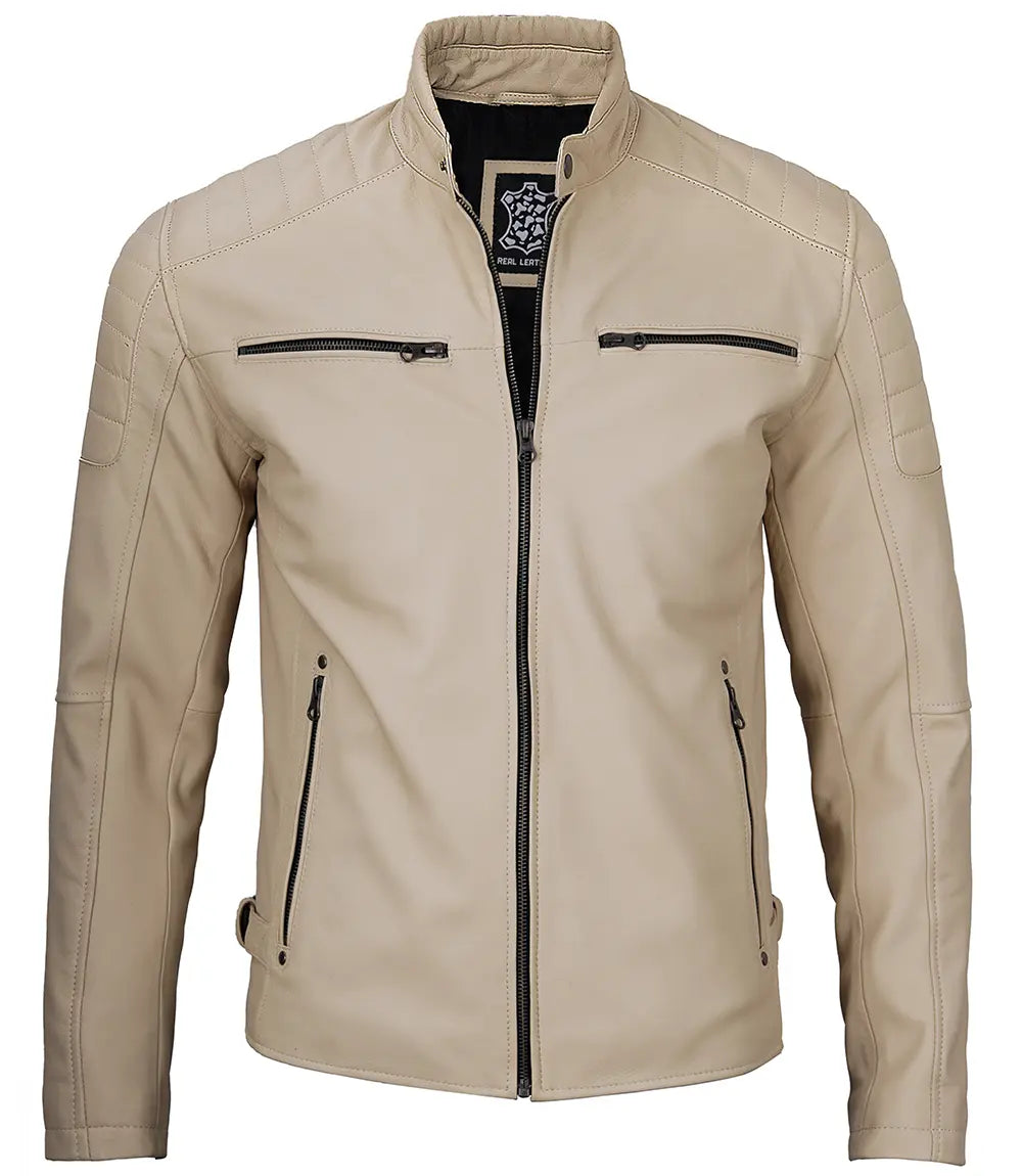 mens real leather beige jacket