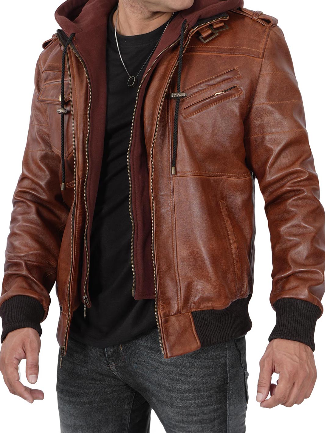 Mens Brown Leather Jacket with hood