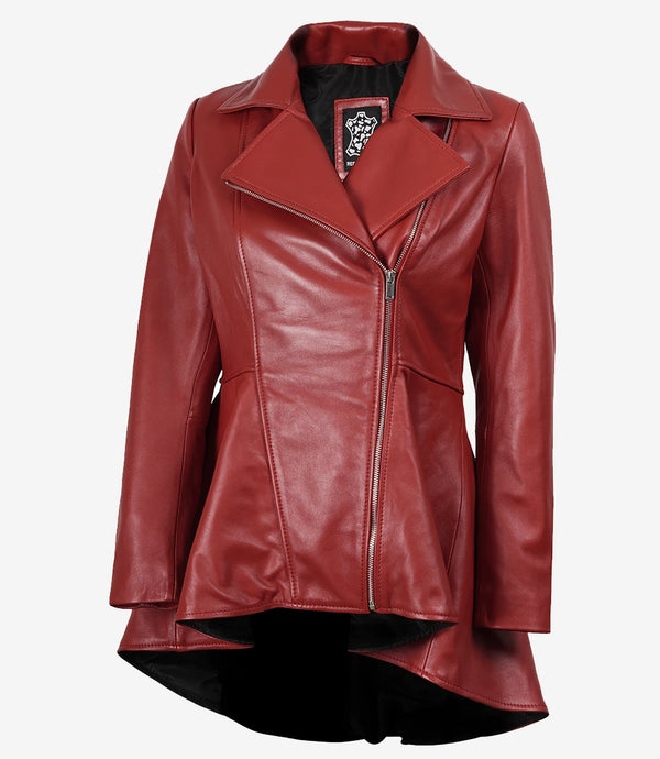 Clarissa Veste en cuir asymétrique rouge à basque pour femme