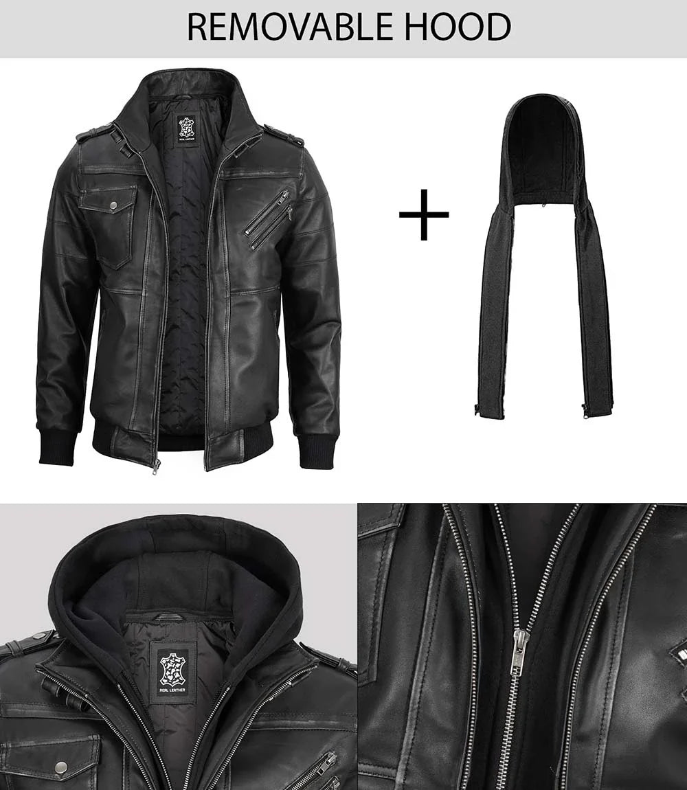 Removable Hood Grey Hooded Leather Jacket