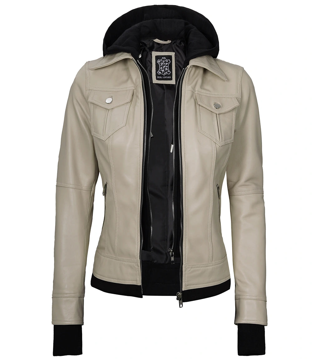 women beige hooded leather jacket