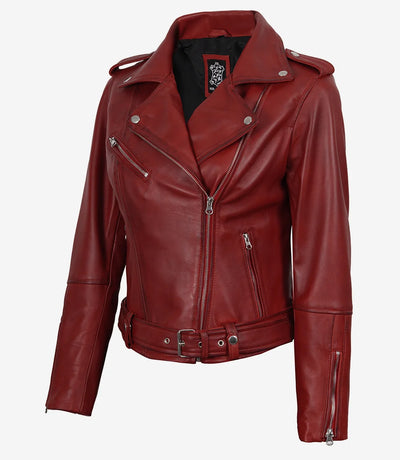 Blouson en cuir femme de moto asymétrique rouge 