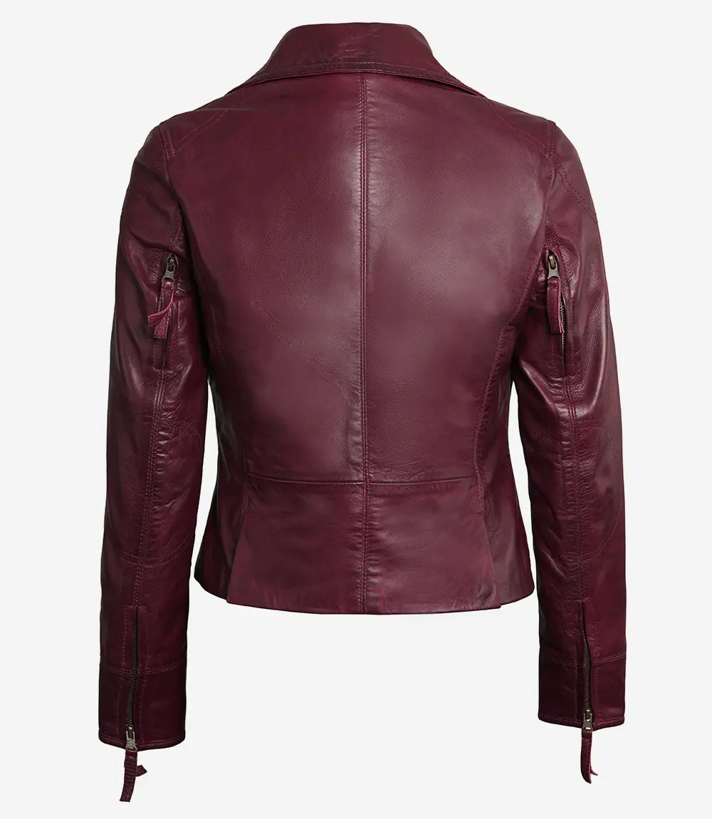 women biker maroon leather jacket