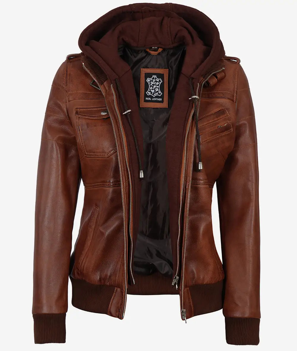 women cognac brown leather jacket