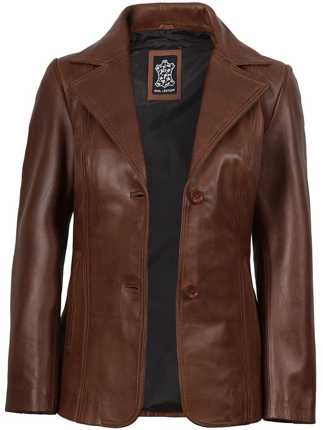 Womens Brown Two Button Leather Blazer