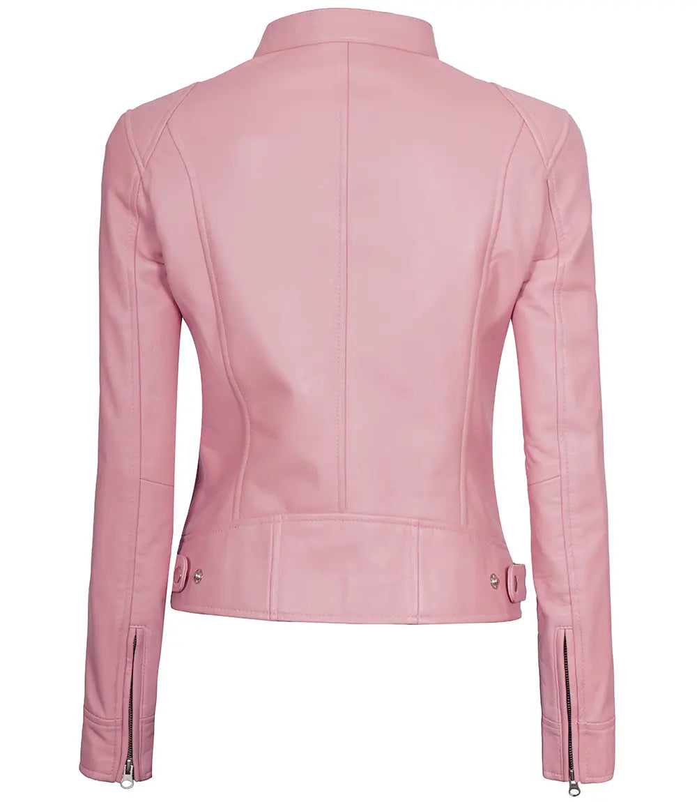 women pink cafe racer leather jacket