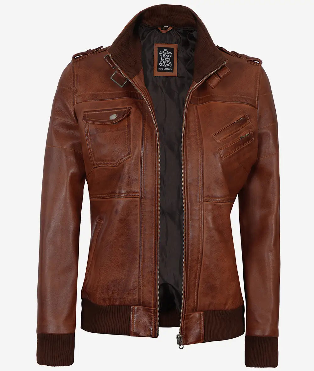 Women hooded leather bomber jacket