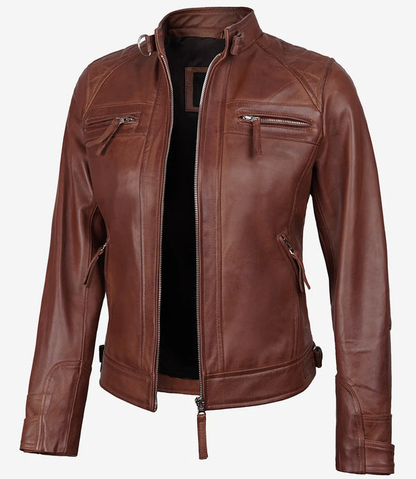 Johnson Women's Cognac Brown Cafe Racer Leather Jacket