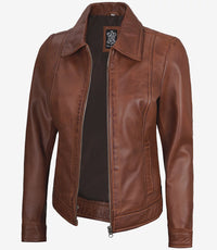A cognac brown wax women's Harrington leather jacket with a classic shirt collar, zip closure, snap adjustments at the waist and cuffs, and two side pockets.