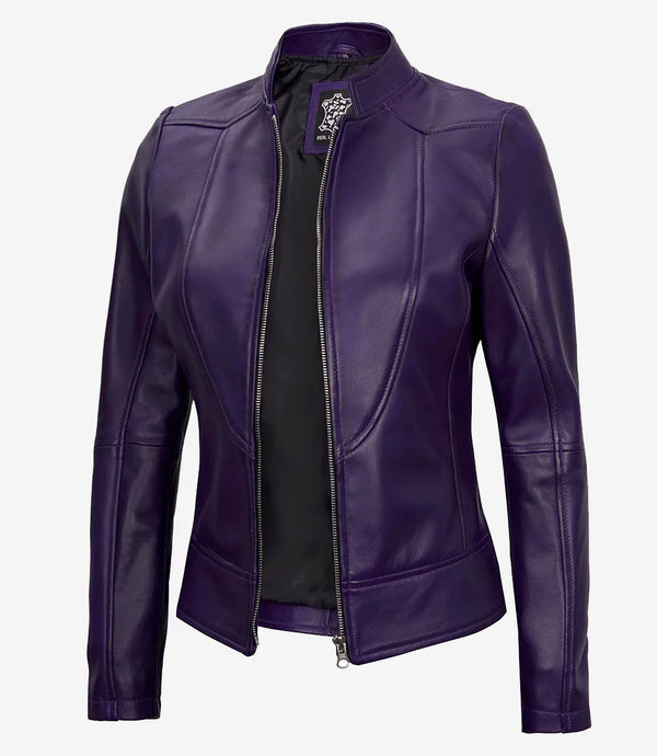 Amy Purple Cafe Racer Women's Leather Jacket