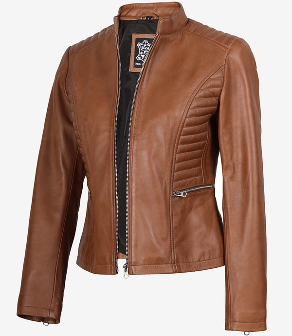 Rachel Veste motard en cuir cognac pour femme