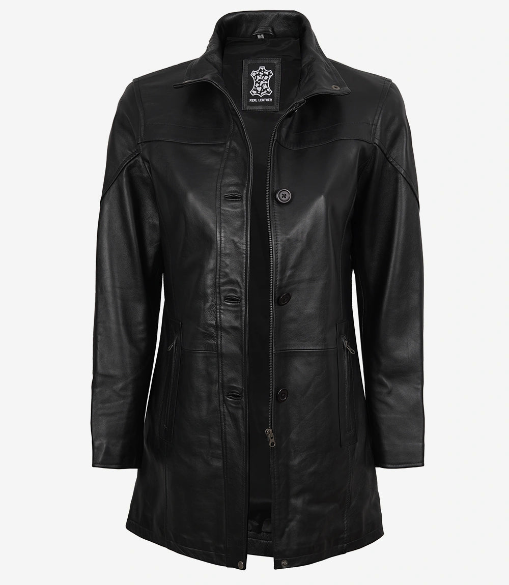 womens black leather car coat
