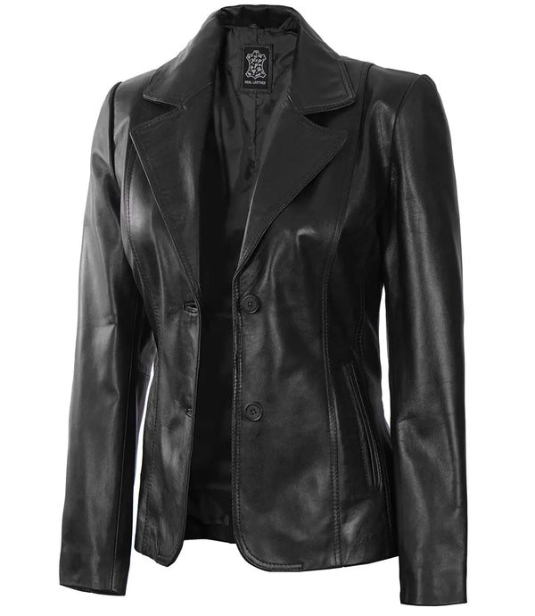 Women's Black Two-Button Leather Blazer Jacket