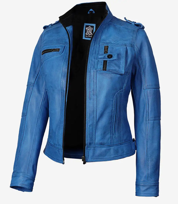 Tavares Womens Vivid Blue Biker Leather Jacket