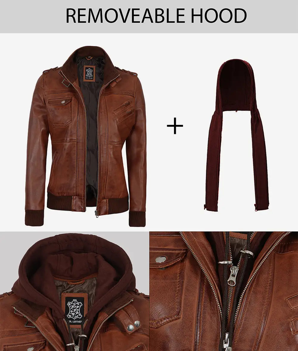 Womens removable hooded leather jacket