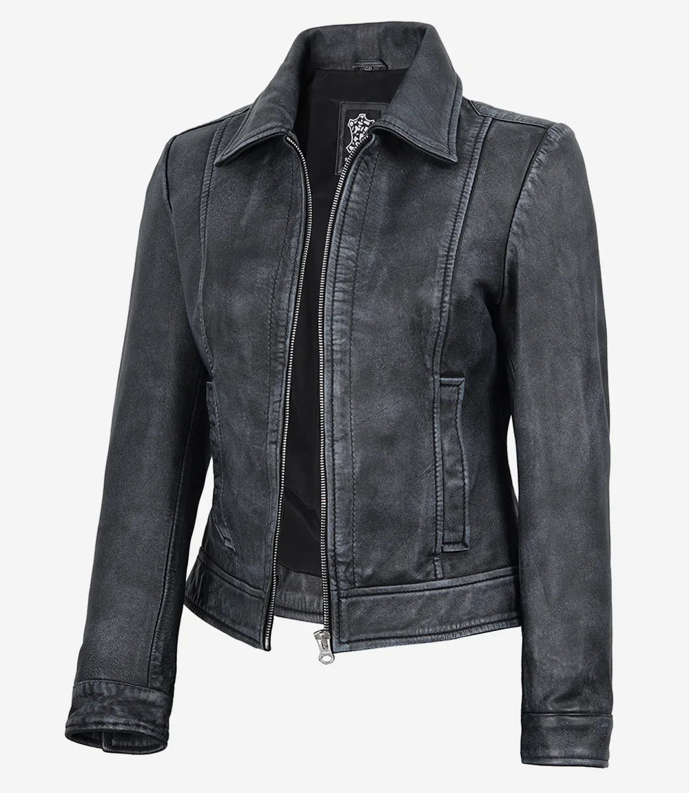 Women's Black Leather Harrington Jacket - Front