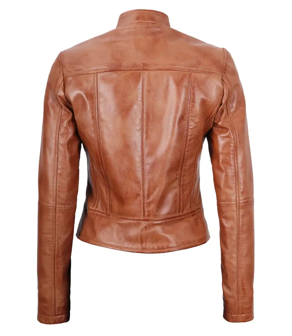 women tan leather biker jacket