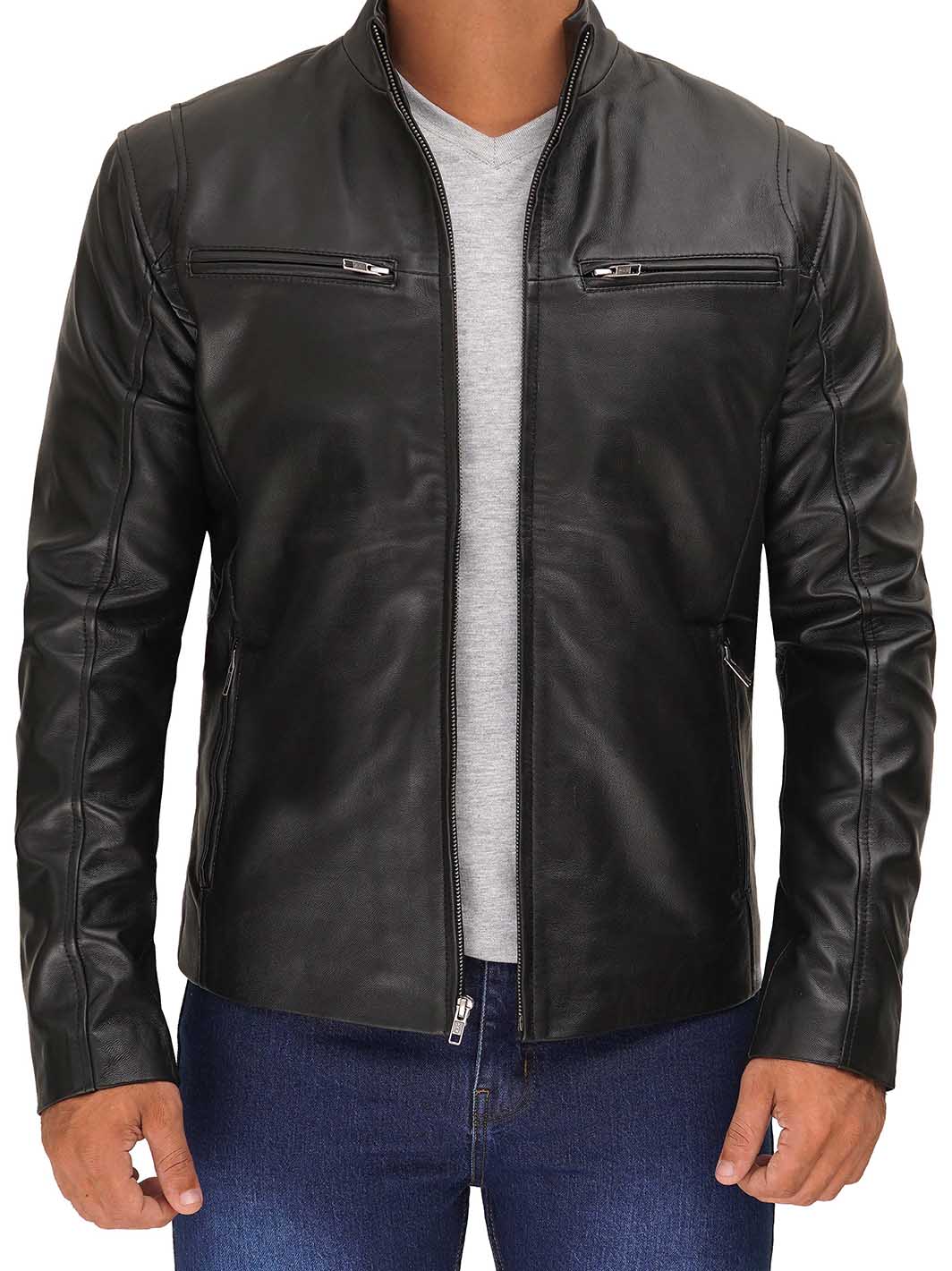 Clinton Mens Black Leather Jacket