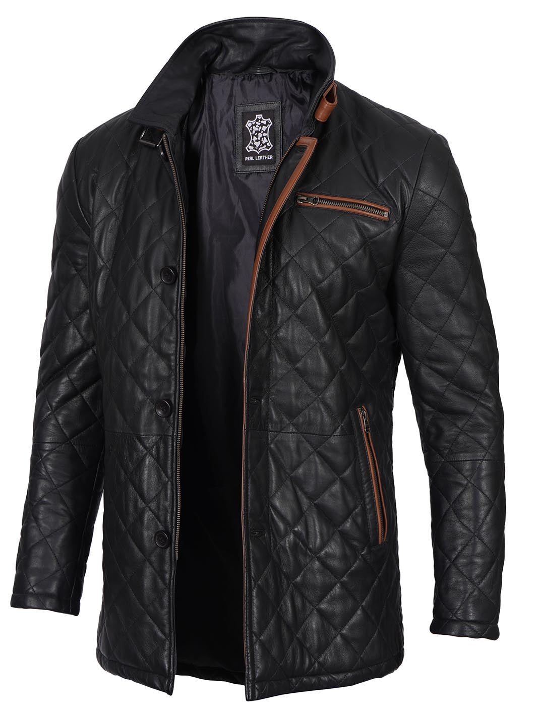 Glen Men Black Quilted Leather Car Coat