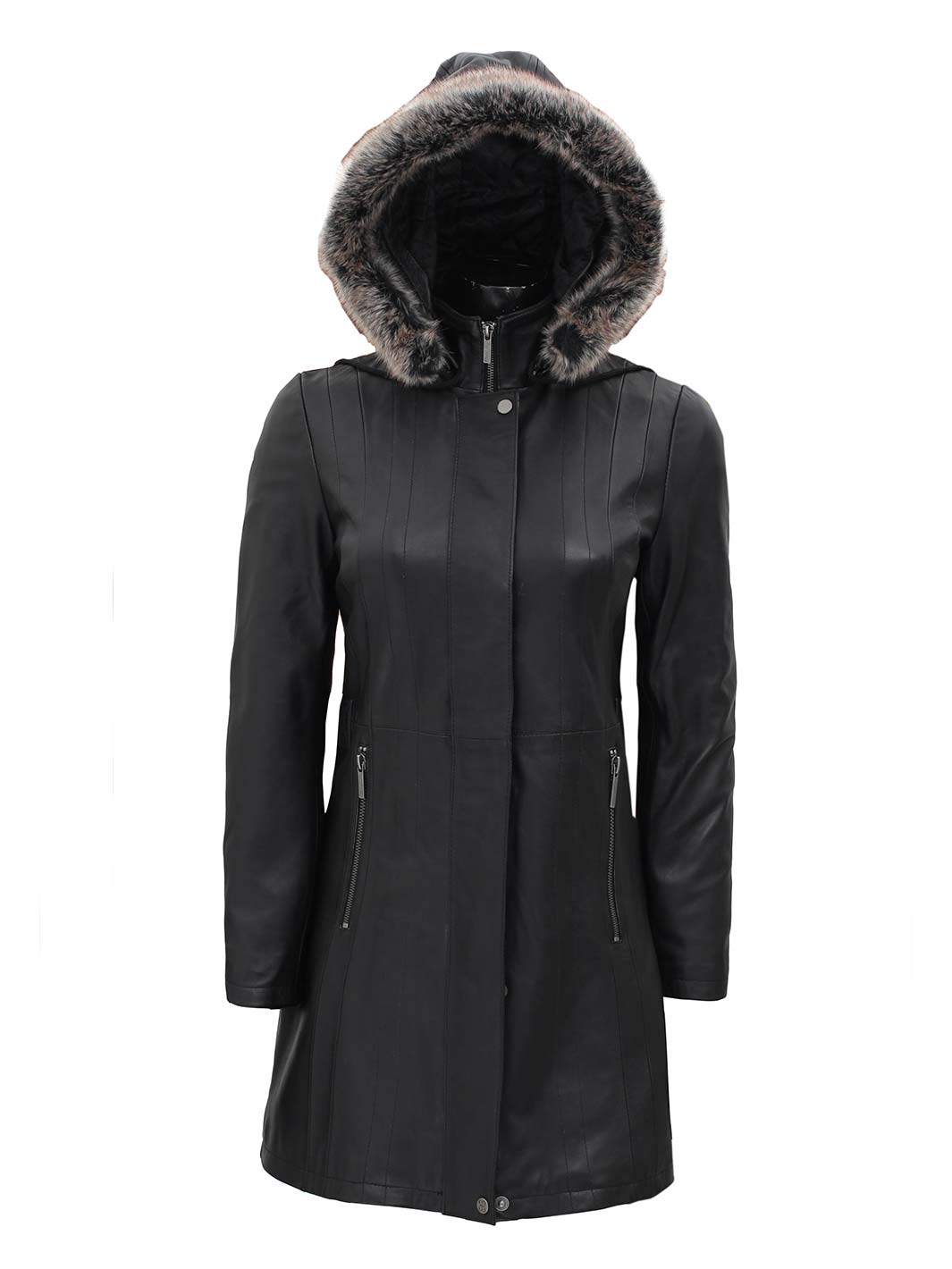 Womens Leather Coat with removeable shearling hood