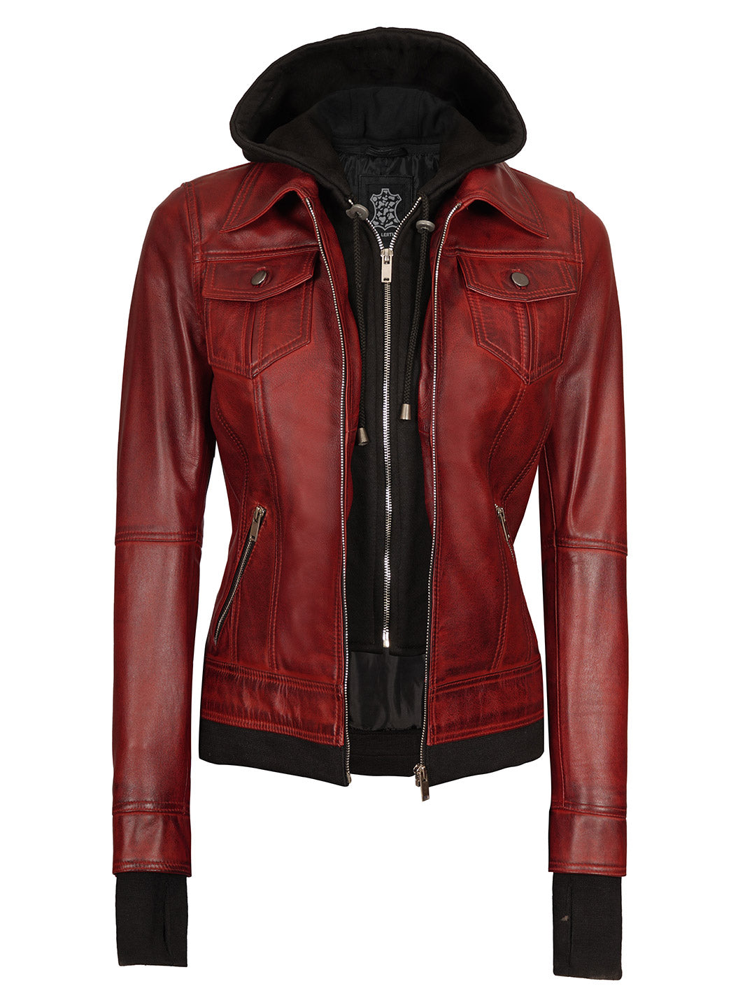 maroon Leather Jacket with hood